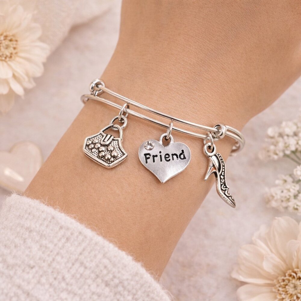 Best Friend Charm Bangle Bracelet Silver Purse Heel Heart Gift